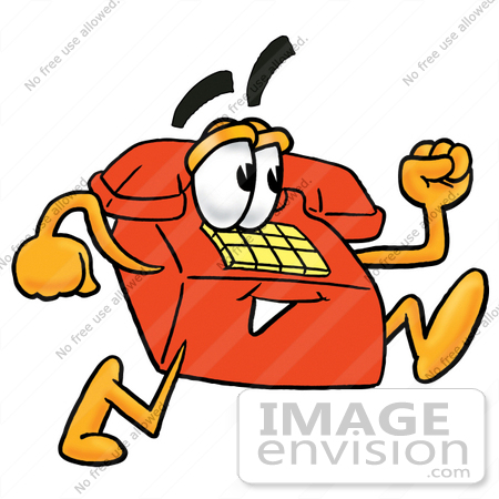 #26060 Clip Art Graphic of a Red Landline Telephone Cartoon Character Running by toons4biz