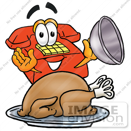 #26061 Clip Art Graphic of a Red Landline Telephone Cartoon Character Serving a Thanksgiving Turkey on a Platter by toons4biz