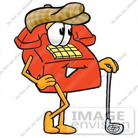 #26066 Clip Art Graphic of a Red Landline Telephone Cartoon Character Leaning on a Golf Club While Golfing by toons4biz