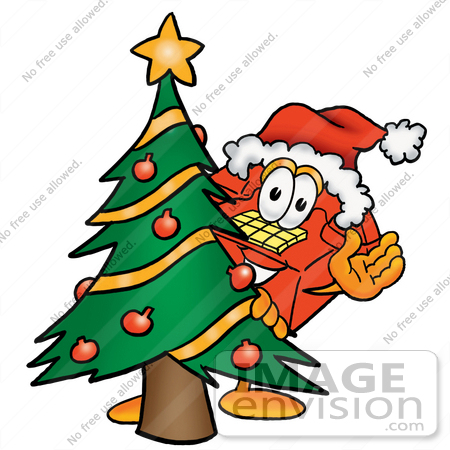 #26067 Clip Art Graphic of a Red Landline Telephone Cartoon Character Waving and Standing by a Decorated Christmas Tree by toons4biz