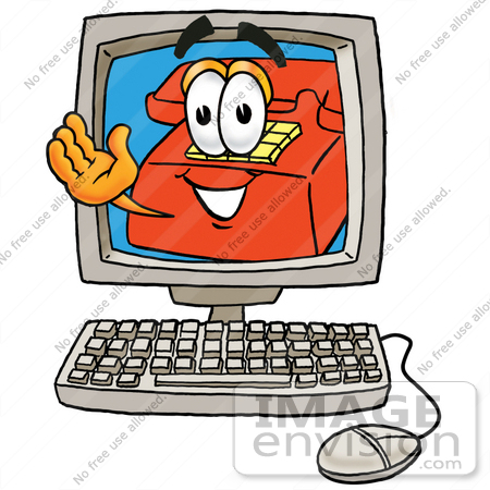 #26068 Clip Art Graphic of a Red Landline Telephone Cartoon Character Waving From Inside a Computer Screen by toons4biz