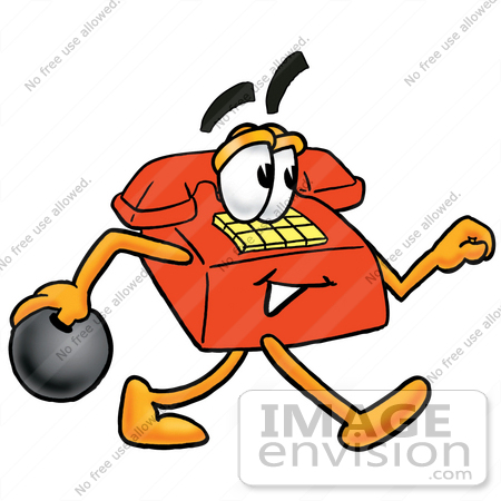 #26069 Clip Art Graphic of a Red Landline Telephone Cartoon Character Holding a Bowling Ball by toons4biz