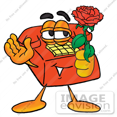 #26070 Clip Art Graphic of a Red Landline Telephone Cartoon Character Holding a Red Rose on Valentines Day by toons4biz