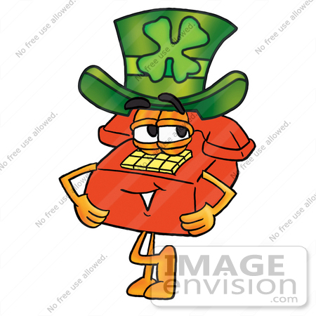 #26071 Clip Art Graphic of a Red Landline Telephone Cartoon Character Wearing a Saint Patricks Day Hat With a Clover on it by toons4biz
