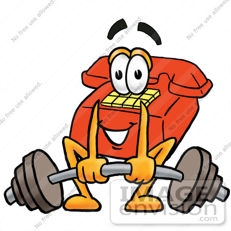 #26073 Clip Art Graphic of a Red Landline Telephone Cartoon Character Lifting a Heavy Barbell by toons4biz