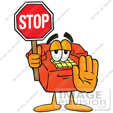 #26074 Clip Art Graphic of a Red Landline Telephone Cartoon Character Holding a Stop Sign by toons4biz