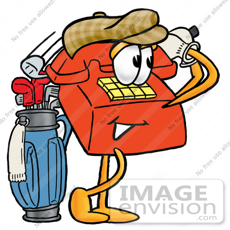 #26076 Clip Art Graphic of a Red Landline Telephone Cartoon Character Swinging His Golf Club While Golfing by toons4biz