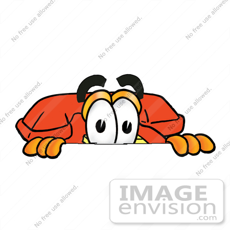 #26077 Clip Art Graphic of a Red Landline Telephone Cartoon Character Peeking Over a Surface by toons4biz