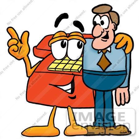 #26079 Clip Art Graphic of a Red Landline Telephone Cartoon Character Talking to a Business Man by toons4biz