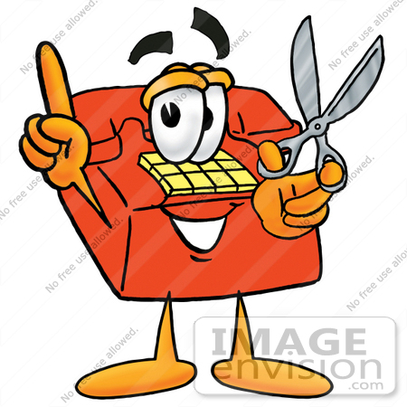 #26082 Clip Art Graphic of a Red Landline Telephone Cartoon Character Holding a Pair of Scissors by toons4biz