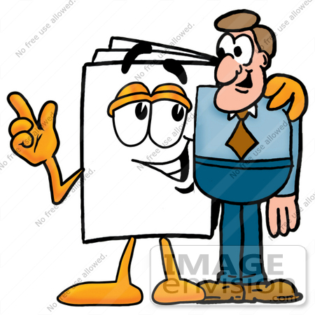 #26083 Clip Art Graphic of a White Copy and Print Paper Cartoon Character Talking to a Business Man by toons4biz