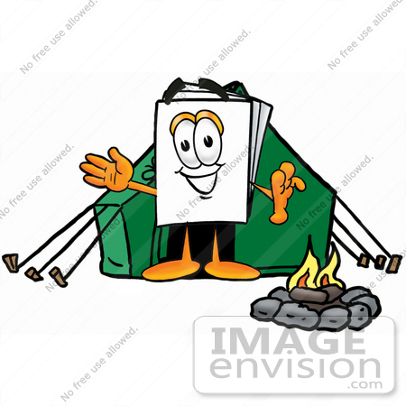 #26085 Clip Art Graphic of a White Copy and Print Paper Cartoon Character Camping With a Tent and Fire by toons4biz