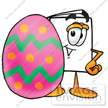 #26086 Clip Art Graphic of a White Copy and Print Paper Cartoon Character Standing Beside an Easter Egg by toons4biz