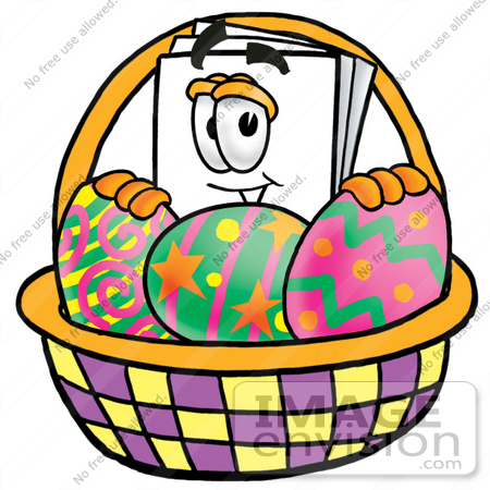 #26087 Clip Art Graphic of a White Copy and Print Paper Cartoon Character in an Easter Basket Full of Decorated Easter Eggs by toons4biz