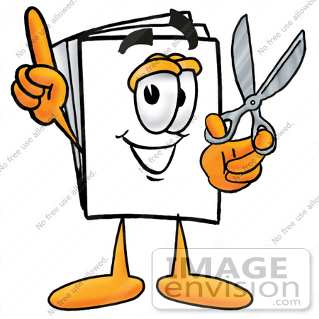 #26088 Clip Art Graphic of a White Copy and Print Paper Cartoon Character Holding a Pair of Scissors by toons4biz
