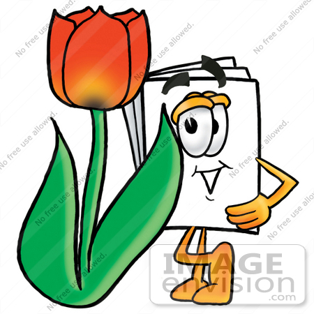#26089 Clip Art Graphic of a White Copy and Print Paper Cartoon Character With a Red Tulip Flower in the Spring by toons4biz