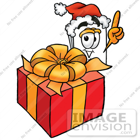 #26091 Clip Art Graphic of a White Copy and Print Paper Cartoon Character Standing by a Christmas Present by toons4biz