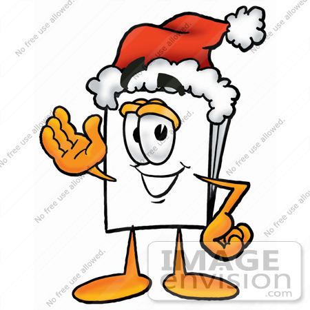 #26092 Clip Art Graphic of a White Copy and Print Paper Cartoon Character Wearing a Santa Hat and Waving by toons4biz