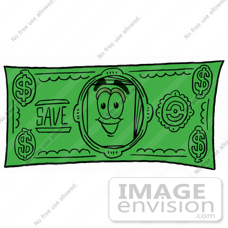 #26093 Clip Art Graphic of a White Copy and Print Paper Cartoon Character on a Dollar Bill by toons4biz