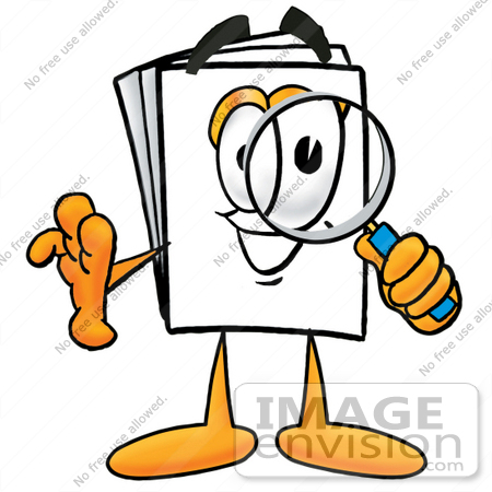 #26094 Clip Art Graphic of a White Copy and Print Paper Cartoon Character Looking Through a Magnifying Glass by toons4biz