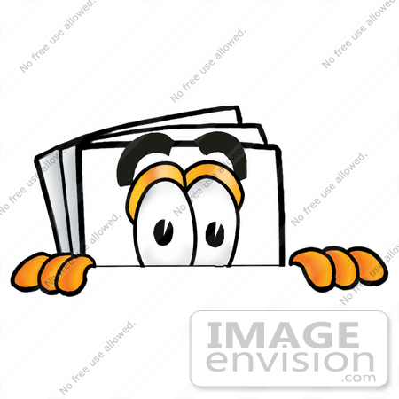 #26095 Clip Art Graphic of a White Copy and Print Paper Cartoon Character Peeking Over a Surface by toons4biz