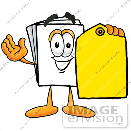 #26096 Clip Art Graphic of a White Copy and Print Paper Cartoon Character Holding a Yellow Sales Price Tag by toons4biz