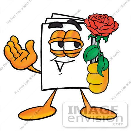 #26098 Clip Art Graphic of a White Copy and Print Paper Cartoon Character Holding a Red Rose on Valentines Day by toons4biz