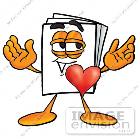 #26101 Clip Art Graphic of a White Copy and Print Paper Cartoon Character With His Heart Beating Out of His Chest by toons4biz