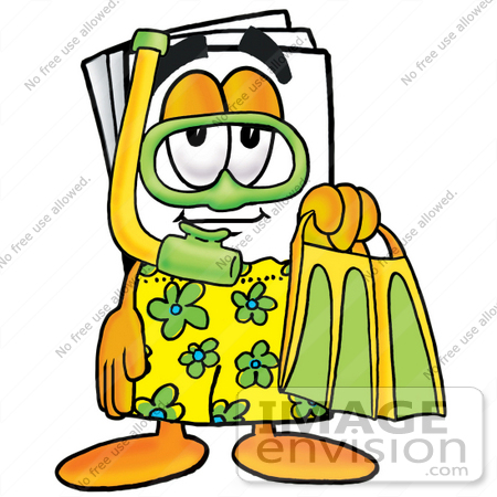 #26103 Clip Art Graphic of a White Copy and Print Paper Cartoon Character in Green and Yellow Snorkel Gear by toons4biz