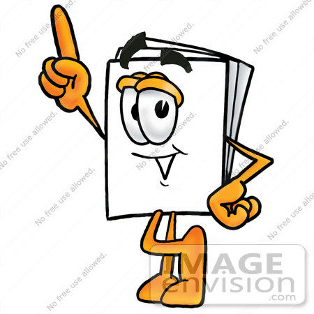 #26106 Clip Art Graphic of a White Copy and Print Paper Cartoon Character Pointing Upwards by toons4biz