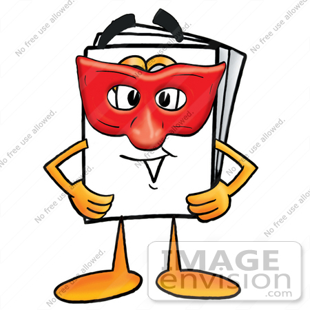 #26107 Clip Art Graphic of a White Copy and Print Paper Cartoon Character Wearing a Red Mask Over His Face by toons4biz