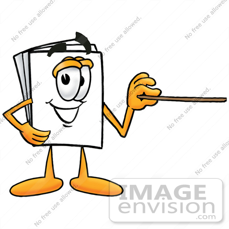 #26111 Clip Art Graphic of a White Copy and Print Paper Cartoon Character Holding a Pointer Stick by toons4biz