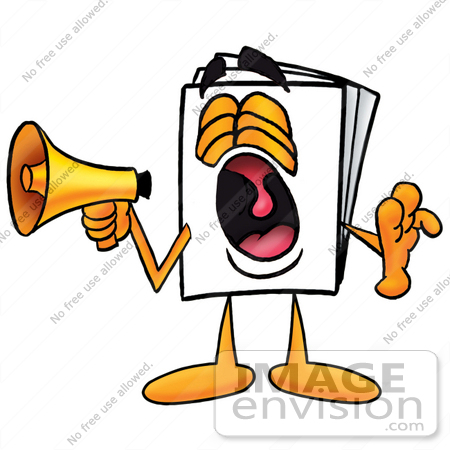 #26112 Clip Art Graphic of a White Copy and Print Paper Cartoon Character Screaming Into a Megaphone by toons4biz