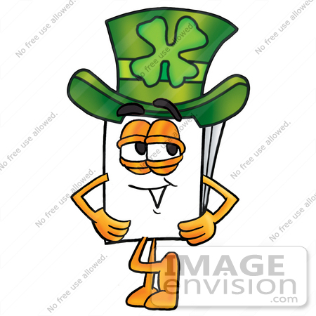 #26118 Clip Art Graphic of a White Copy and Print Paper Cartoon Character Wearing a Saint Patricks Day Hat With a Clover on it by toons4biz