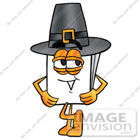 #26122 Clip Art Graphic of a White Copy and Print Paper Cartoon Character Wearing a Pilgrim Hat on Thanksgiving by toons4biz