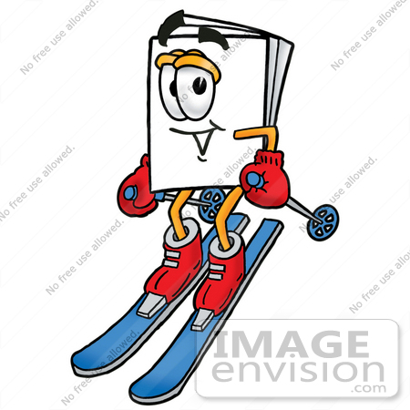 #26124 Clip Art Graphic of a White Copy and Print Paper Cartoon Character Skiing Downhill by toons4biz