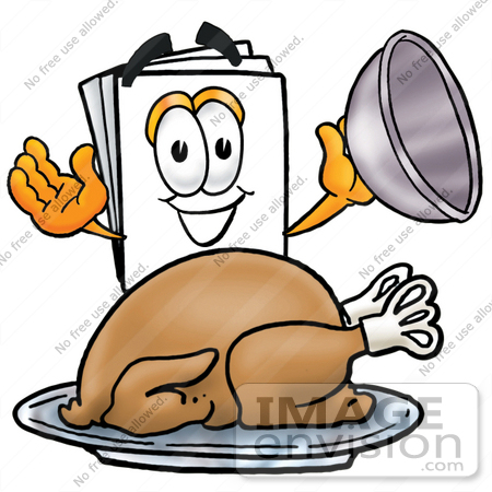 #26125 Clip Art Graphic of a White Copy and Print Paper Cartoon Character Serving a Thanksgiving Turkey on a Platter by toons4biz