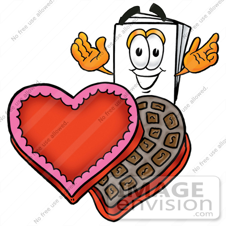#26126 Clip Art Graphic of a White Copy and Print Paper Cartoon Character With an Open Box of Valentines Day Chocolate Candies by toons4biz