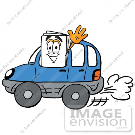 #26127 Clip Art Graphic of a White Copy and Print Paper Cartoon Character Driving a Blue Car and Waving by toons4biz