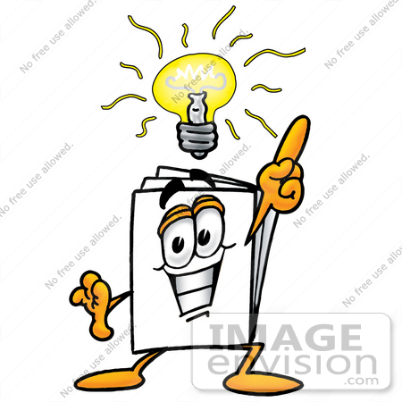 #26128 Clip Art Graphic of a White Copy and Print Paper Cartoon Character With a Bright Idea by toons4biz