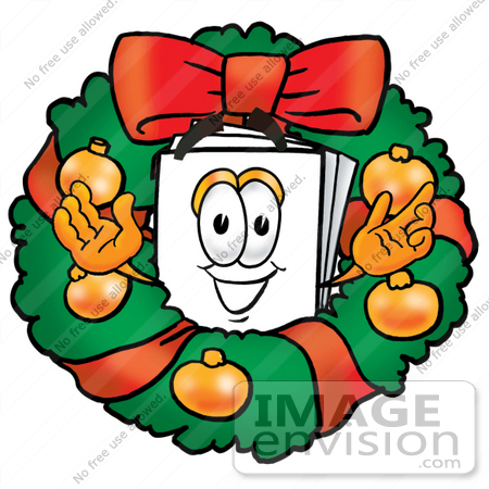#26129 Clip Art Graphic of a White Copy and Print Paper Cartoon Character in the Center of a Christmas Wreath by toons4biz
