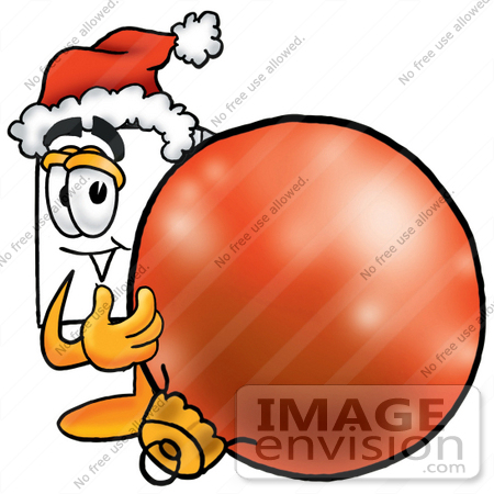 #26131 Clip Art Graphic of a White Copy and Print Paper Cartoon Character Wearing a Santa Hat, Standing With a Christmas Bauble by toons4biz
