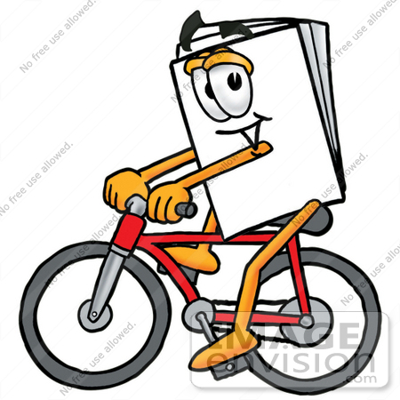 #26132 Clip Art Graphic of a White Copy and Print Paper Cartoon Character Riding a Bicycle by toons4biz