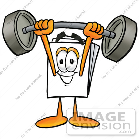 #26133 Clip Art Graphic of a White Copy and Print Paper Cartoon Character Holding a Heavy Barbell Above His Head by toons4biz