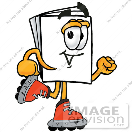 #26134 Clip Art Graphic of a White Copy and Print Paper Cartoon Character Roller Blading on Inline Skates by toons4biz