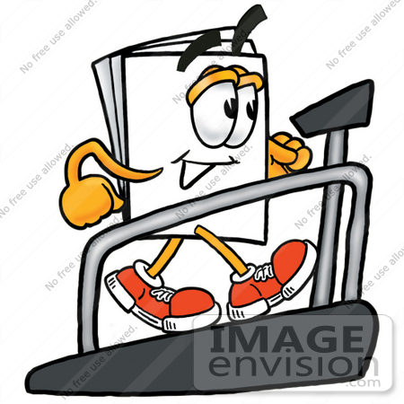#26135 Clip Art Graphic of a White Copy and Print Paper Cartoon Character Walking on a Treadmill in a Fitness Gym by toons4biz