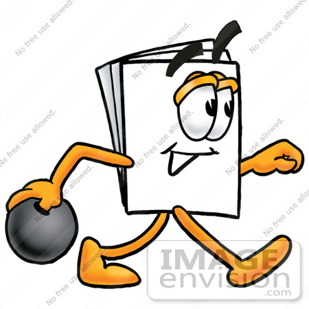 #26139 Clip Art Graphic of a White Copy and Print Paper Cartoon Character Holding a Bowling Ball by toons4biz