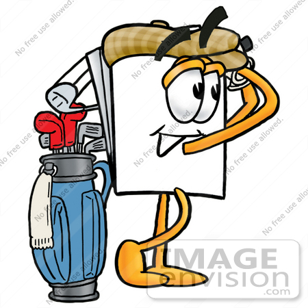 #26140 Clip Art Graphic of a White Copy and Print Paper Cartoon Character Swinging His Golf Club While Golfing by toons4biz