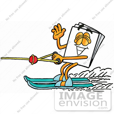 #26141 Clip Art Graphic of a White Copy and Print Paper Cartoon Character Waving While Water Skiing by toons4biz