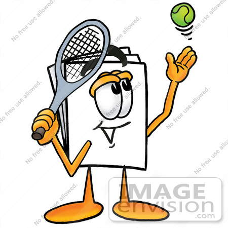 #26142 Clip Art Graphic of a White Copy and Print Paper Cartoon Character Preparing to Hit a Tennis Ball by toons4biz